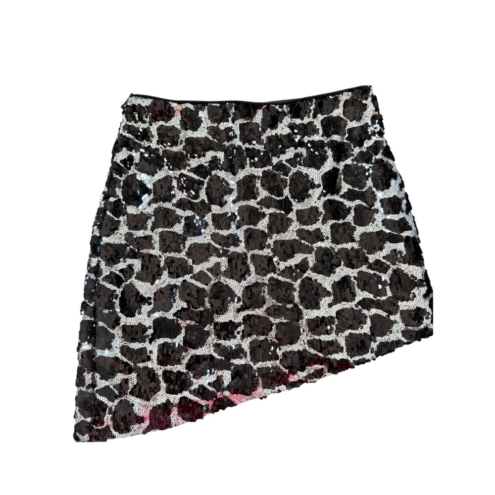 NBD Black Silver Leopard Sequin Asymmetrical Mini Skirt Women's S Party Festival